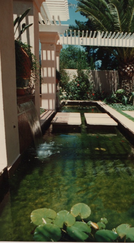 Koi pond with water lilies, sheer cascade, and stepping pads beneath an arbor — Campbell, CA