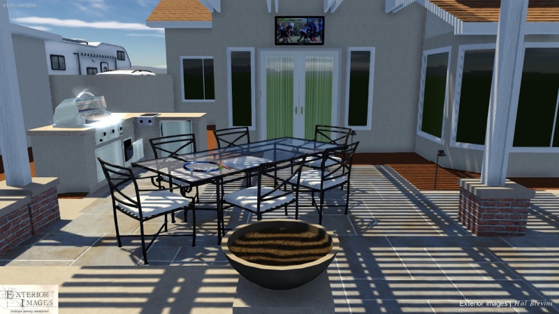 3D design concept rendering of an outdoor kitchen with grill, dining area, and fire bowl — Exterior Images visualization