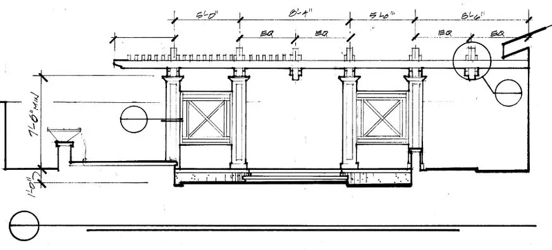 Hand-drawn elevation detail — eyebrow arbor structure with dimensions